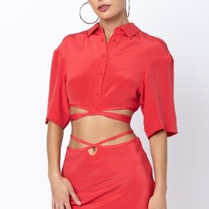 Christopher Esber red silk cropped wraparound tie shirt in chilli